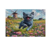 Puzzle de 300 pièces en bois motif chat bleu russe pour adultes, jardin de campagne, chaton, décoration amusante pour divertissement à la maison