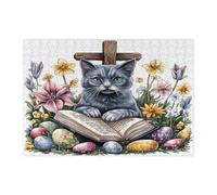 Puzzle de 300 pièces en bois motif chat bleu russe pour adultes, œufs de campagne, fleurs, chaton, décorations amusantes pour divertissement à la maison