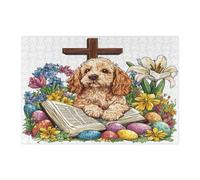 Puzzle de 300 pièces en bois pour adultes Cocker Spaniel de printemps de Pâques, œufs de campagne, fleurs, chiot, décorations amusantes pour divertissement à la maison