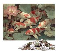 Puzzle de 300 pièces en Bois représentant des carpes koï dans Un Bassin de Lotus, idéal pour Adultes et Adolescents à partir de 12 Ans. Cadeau de Noël. Dimensions : 40 x 28 cm.