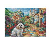 Puzzle De 300 Pièces pour Adultes Bichon Frisé Rue Ville 40x28cm Impression Vive Non Décolorable Art Mural Encadrable Idéal pour Salon Chambre À Coucher