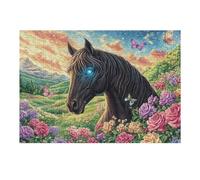 Puzzle De 300 Pièces pour Adultes Black Cheval Champ de Fleurs River 40x28cm Niveau Difficulté Élevé Stimulant Idéal pour Joueurs Avancés Fort Sentiment D'Accomplissement