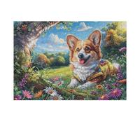 Puzzle De 300 Pièces pour Adultes Corgi Printemps Champ de Fleurs 40x28cm Art Mural Encadrable pour Chambre Salon Bureau Décoration Unique Idéale pour Amateurs d'art