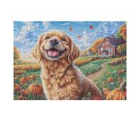 Puzzle De 300 Pièces pour Adultes Golden Retriever Ferme d'automne 40x28cm Œuvre d'art Décoration Murale Décoration Personnalisée Unique pour Salon Chambre Cadeau