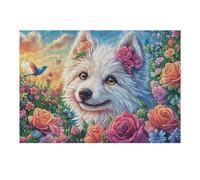 Puzzle De 300 Pièces pour Adultes Spitz Nain Champ de Fleurs 300 PCS 40x28cm Impression Vive Non Décolorable Art Mural Encadrable Idéal pour Salon Chambre À Coucher