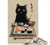 Puzzle de 300 pièces représentant Un festin de sushis Japonais avec Un Chat - Puzzle en Bois pour Adultes et Adolescents - Casse-tête - 300 pièces (40 x 28 cm)