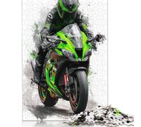 Puzzle de 300 pièces représentant Une Moto Vert Course, en Bois, pour Adultes et Enfants (40 x 28 cm).