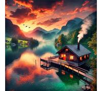 Puzzle de 35 pièces pour Adultes,Cabane du lac Sunset DIY Puzzles Divertissement Créatif,Puzzle Classiques,Cadeaux pour Art Mural(12 x 12 cm)
