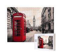 Puzzle de 500 pièces avec boîte de rangement, cabine téléphonique rouge Londres Street - Puzzle en bois imprimé 52 x 38 cm pour adultes et enfants - Jeu décoratif amusant en famille