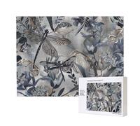 Puzzle de 500 pièces avec boîte de rangement, libellules grises imprimées en bois 52 x 38 cm pour adultes et enfants, jeu décoratif amusant en famille