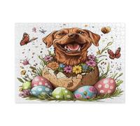Puzzle de 500 pièces en bois imprimé chien rhodésien à dos de crête de printemps et de Pâques pour adultes, œufs mignons et amusants en bois, décorations à motif de fleurs pour divertissement à la