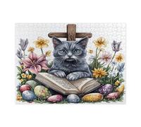 Puzzle de 500 pièces en bois motif chat bleu russe pour adultes, œufs de campagne, fleurs, chaton, décorations amusantes pour divertissement à la maison