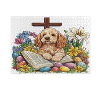 Puzzle de 500 pièces en bois pour adultes Cocker Spaniel de printemps Pâques - Œufs de campagne floraux chiots - Décorations amusantes pour divertissement à la maison