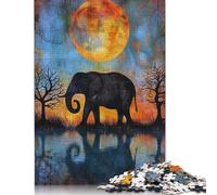 Puzzle de 500 pièces en Bois représentant Un éléphant et Le reflet de la Lune - Jeu éducatif et Stimulant - Idée Cadeau de Noël - 500 pièces (52 x 38 cm)