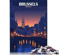 Puzzle de 500 pièces en Bois représentant Un Paysage Urbain Nocturne de Bruxelles, en Belgique. Idéal pour Adultes, garçons et Filles. Cadeau d'anniversaire. Jeu de Puzzle Occasionnel (52 x 38 cm).