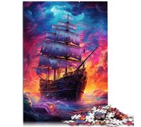Puzzle de 500 pièces，Futur Bateau Pirate psychédélique coloré，Convient aux Adultes et aux Enfants de Plus de 12 Ans Puzzle en Bois，Décoration Murale du Puzzle，Taille：38x52cm
