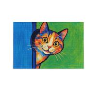 Puzzle de 500 pièces motif chat mignon qui regarde le cerveau vert et bleu pour adultes - Art mural amusant et parfait - Cadeau pour papa, maman