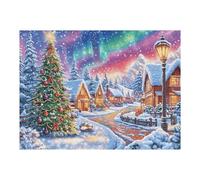 Puzzle De 500 Pièces pour Adultes Aurore boréale Village de Noël enneigé 500 PCS 52×38cm Puzzle Collectionnable pour Amateurs Qualité Premium Durable Impression Vive Non Décolorable