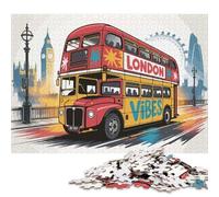 Puzzle de 500 pièces pour Adultes - Bus londonien avec Paysage Urbain en arrière-Plan - Puzzle carré en Bois - Décoration intérieure - Idée Cadeau - 500 pièces (52 x 38 cm)