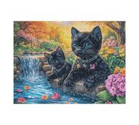 Puzzle De 500 Pièces pour Adultes Chat Noir Cascade Jardin de Fleurs 500 PCS 52×38cm Écologique Sécurisé Non Toxique Parfait pour Usage Familial Adapté À Tous Les Âges Cadeau