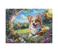 Puzzle De 500 Pièces pour Adultes Corgi Printemps Champ de Fleurs 52×38cm Impression Vive Non Décolorable Art Mural Encadrable Idéal pour Salon Chambre À Coucher