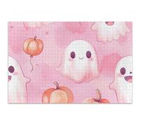 Puzzle de 500 pièces pour adultes - Éléphant blanc dur - Grand puzzle familial - Œuvre d'art d'Halloween - Fantôme mignon - Rose - 52 x 37 cm