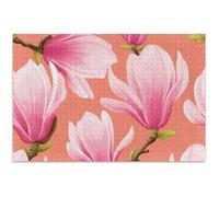 Puzzle de 500 pièces pour adultes, éléphant blanc, fleurs de magnolia rose, puzzle unique peinture artistique, 52,8 x 37,9 cm