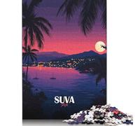 Puzzle de 500 pièces pour Adultes - Illustration d'un Paysage Nocturne Tropical à SUVA, Fidji - Puzzle en Bois Difficile et Stimulant - 500 pièces (52 x 38 cm)