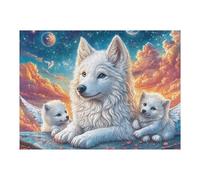 Puzzle De 500 Pièces pour Adultes Loup Blanc Chiots Coucher de Soleil Nuage 52×38cm Art Mural Encadrable pour Bureau Café Présentation Artistique Unique pour Espace Commercial