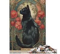 Puzzle de 500 pièces représentant Un Chat Noir Art Nouveau avec des Fleurs, pour Adultes et Adolescents, sur Plateau en Bois. Idée Cadeau Parfaite pour Les Adultes (52 x 38 cm).