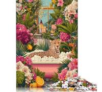 Puzzle de 500 pièces représentant Un léopard se baignant dans Un Paradis Floral, pour Adultes. Puzzle de 500 pièces, défi Difficile (52 x 38 cm).