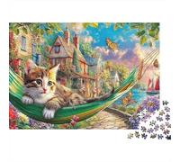 Puzzle de Chat Endormi 1000 pièces Puzzles de Hamac au Bord du Lac Jeu Stimulant Apprendre en s'Amusant Carton Recyclé 100% pour Adultes et Enfants 52x38cm/1000 pièces