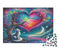 Puzzle de Chat Mignon 1000 Pièces, Chat Près de l’Arbre au Cœur, Détente et Décoration Murale, 70x50cm