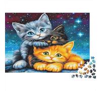 Puzzle de Chat Mignon 1000 pièces - Papier recyclé, Trois Chatons se blottissent Contre Un arrière-Plan étoilé - Difficile et Stimulant, Décoration Murale et Cadeaux 52x38cm/1000 pièces