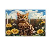 Puzzle de chat Spring Bengal pour adultes de 10 000 pièces, puzzle imprimé en bois avec clôture de tournesol, chaton, décorations à motif d'animaux de compagnie de ferme pour divertissement à domicile
