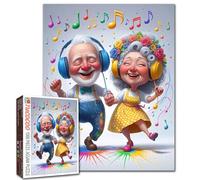 Puzzle de couple de personnes âgées dansant - Puzzle coloré de 1000 pièces pour adultes avec écouteurs, notes de musique, couple de personnes âgées joyeux, casse-tête amusant pour loisirs créatifs