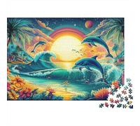 Puzzle de Dauphin Sauteur 1000 pièces Puzzles de Lever de Soleil sur l'Île Jeu Stimulant Coloré, Stimulant pour l'esprit Carton Recyclé 100% pour Cadeaux Décoratifs 70x50cm/1000 pièces