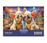 Puzzle de Deux Bouledogues Français pour Adultes 1000 Pièces, Scène Joyeuse, Jeu Très Difficile, Jeu Familial Amusant et Stimulante, 52x38cm