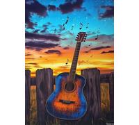Puzzle de guitare à la ferme au coucher du soleil de 1 000 pièces, idéal pour les amateurs d'instruments de musique, les vacances et les jeux de divertissement, libérer le stress au travail, se