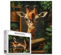 Puzzle de lecture de girafe de 1 000 pièces pour adultes - Animal avec lunettes dans la bibliothèque - Puzzle dur et difficile - Activité familiale - Nuits de jeu à faire soi-même - Décoration