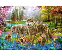 Puzzle de l'oiseau bleu Famille de loups du printemps - 1500 Teile