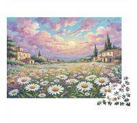 Puzzle de Marguerite 1000 pièces - Champ de Marguerites avec Maisons sous Un Soleil couchant coloré pour Adultes et Enfants - Activité à la Maison, Décoration Murale et Cadeaux 52x38cm/1000 pièces