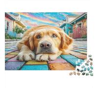 Puzzle de Mignons Chiens 1000 Pièces en Papier Recyclé - Golden Retriever sur Un Chemin Carrelé Coloré, pour Adultes, Cadeau Amusant, Activité à la Maison, Jeu Éducatif, Défi, Cadeau, 52x38cm/1000pcs