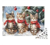 Puzzle de Noël Chatons dans la Neige 1000 Pièces Adultes Trois Chatons Écharpes Rouges dans la Neige pour Adultes et Enfants à 12 Ans et Plus + Cadeau 38x26cm/1000 pièces