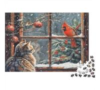 Puzzle de Noël pour Adultes Chat Observant Un Cardinal Rouge à la fenêtre - Jeu Stimulant et Relaxant - 70 x 50 cm / 1000 pièces