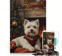 Puzzle de Noël Westie près de la cheminée,1000 pièces,pour Adultes Un Jeu Amusant et Durable,Un Assemblage sûr et Une activité idéale pour Une soirée en Famille (38x52cm)