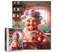 Puzzle de petit-déjeuner de grand-mère clin d'œil pour adultes, 1 000 pièces, puzzle de dessin animé amusant et stimulant avec thé, croissant, scène de cuisine confortable, casse-tête pour loisirs