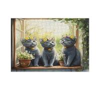 Puzzle de printemps russe bleu chat pour adultes de 300 pièces, puzzle en bois avec fenêtre en pot, décoration amusante pour animal de compagnie imprimé pour divertissement créatif