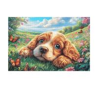 Puzzle De Qualité Cavalier King Charles Spaniel Champ de Fleurs Animal de Compagnie Mignon 1000 Pièces pour Adultes Amusant Créatif Et Captivant Parfait pour Loisirs Et Détente （75x50cm）