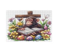 Puzzle de singe de Pâques pour adultes, 300 pièces, œufs de campagne, fleurs, animaux, décorations amusantes à motif de ferme pour divertissement à la maison